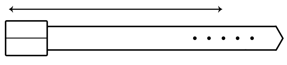 An illustration of a belt, with an arrow from the middle hole to the inside edge of the buckle.